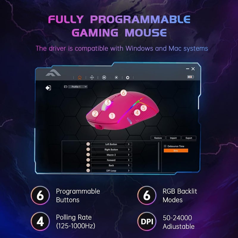 FFJ Wireless Gaming Mouse, 24000 DPI, Tri-Mode 2.4G/USB-C/Bluetooth 5.3 Gaming Mouse Wireless, RGB Programmable Mouse Gamer, 75Hrs Battery Life, Rechargeable Gaming Mice for PC, Mac, PS5, Xbox-Magenta - Image 4